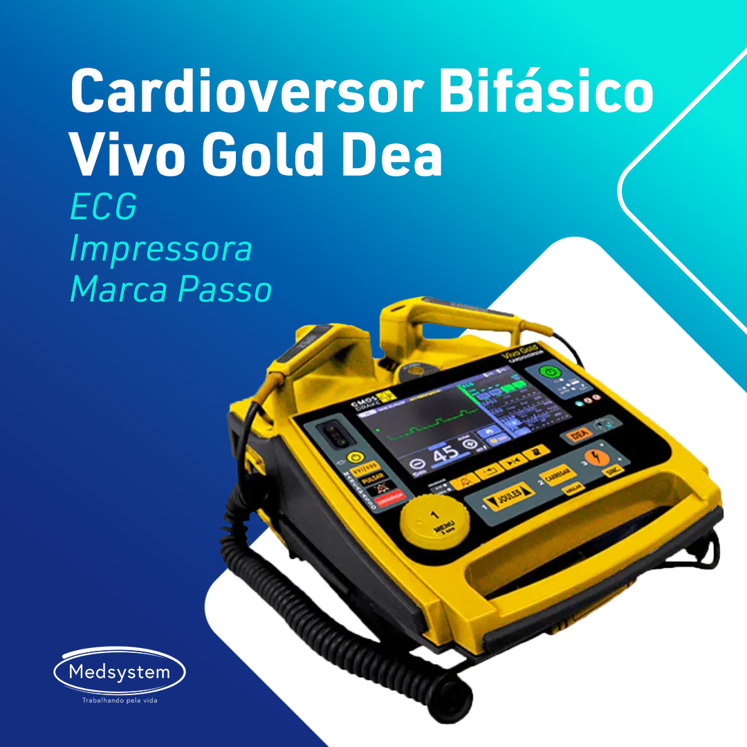 O Cardioversor Bifásico Vivo Gold DEA é a solução completa para cardioversão, desfibrilação, monitorização e marcapasso, atendendo tanto adultos quanto pacientes pediátricos.